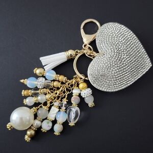 Puffy Heart Purse Charm or Keychain Opal Shell Glass Handcrafted